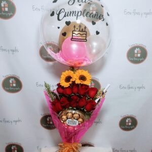 Globo personalizado chocolates corazon ferrero, girasoles, rosas