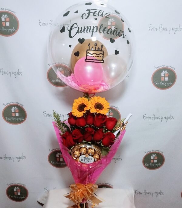 Globo personalizado chocolates corazon ferrero, girasoles, rosas