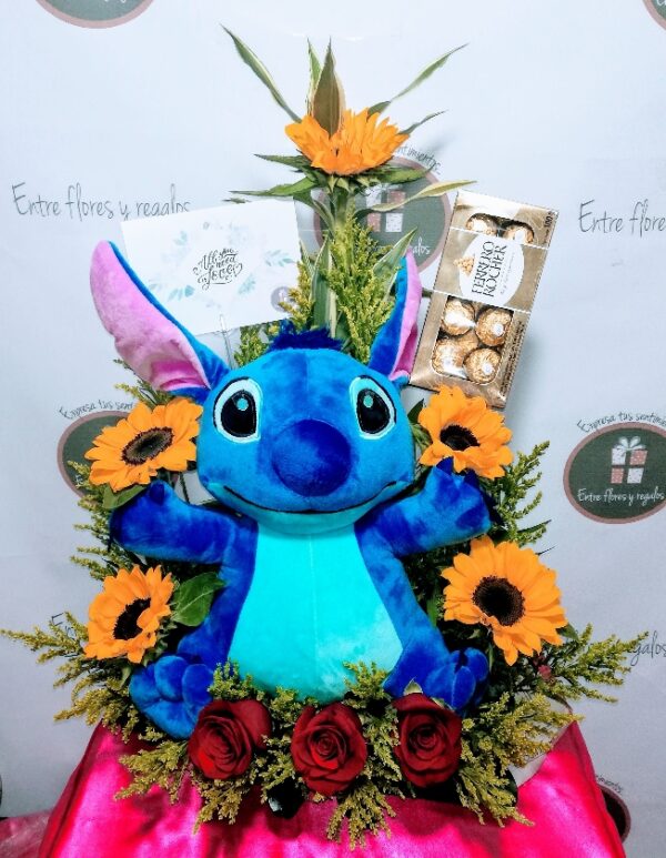 Girasoles, rosas Stich, ferrero regalos a domicilio en Quito