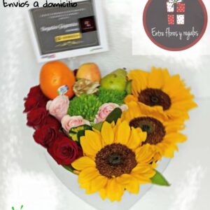 Girasoles, rosas, frutas