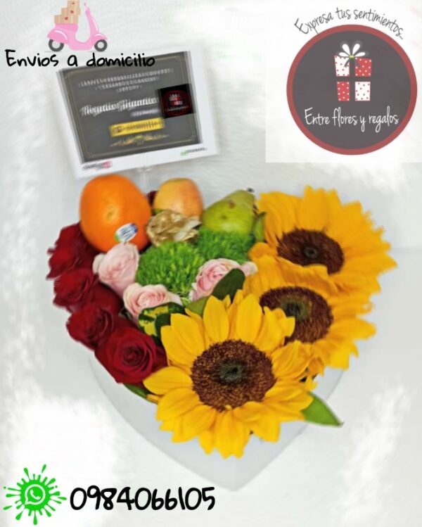 Girasoles, rosas, frutas