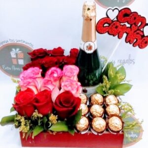 rosas, chocolates Ferrero, botella de champagne