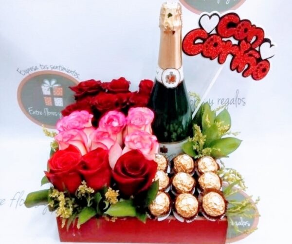 rosas, chocolates Ferrero, botella de champagne