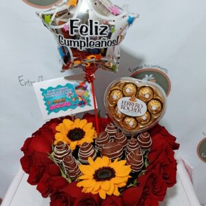 girasoles, rosas frutillas chocolatadas, globo personalizado