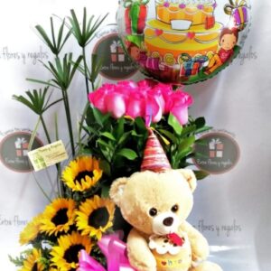 rosas, girasol, globo personalizado, peluche a elegir