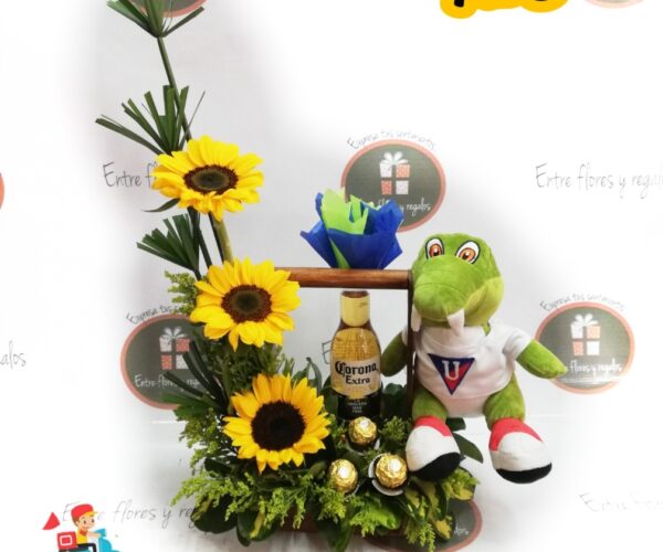 3 girasoles, 3 chocolates Ferrero, cerveza corona peluche lagarto