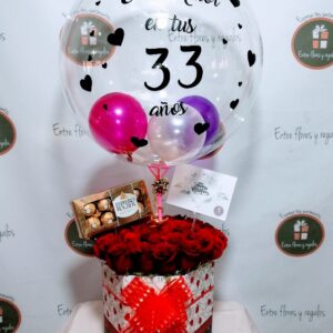 Globo personalizado, rosas, chocolates Ferrero