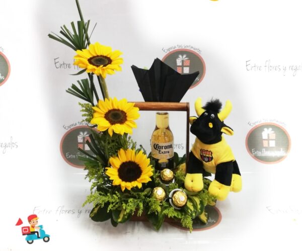 3 girasoles,, 3 chocolates Ferrero, cerveza corona peluche torito