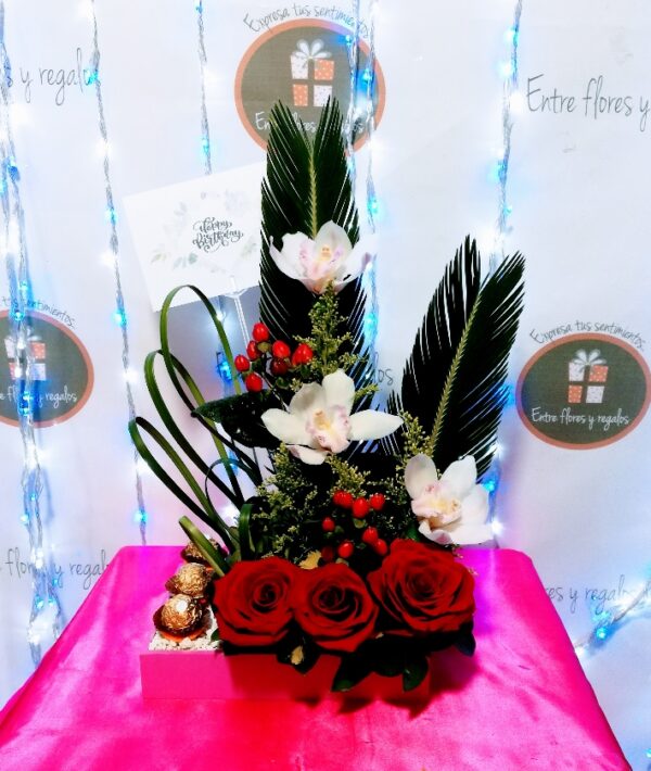 3 orquideas, chocolate ferrero y rosas