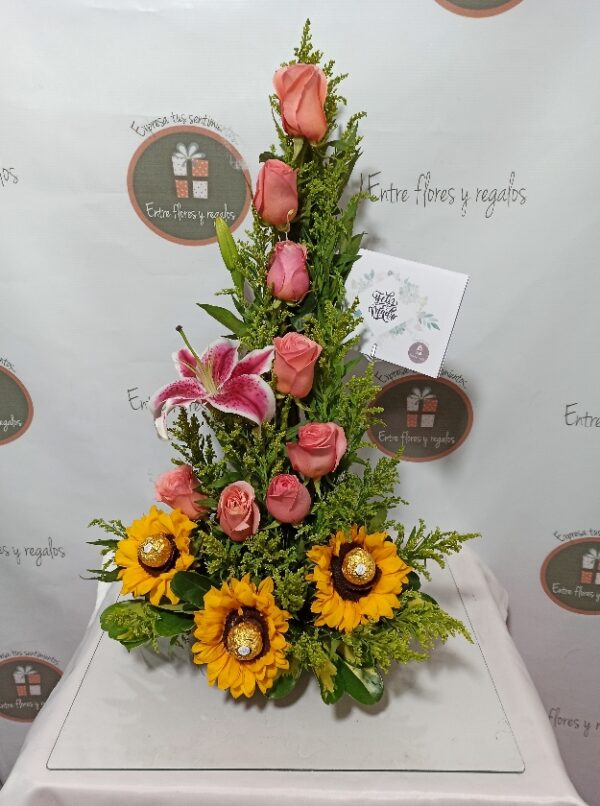 rosas, girasoles y chocolate Ferrero