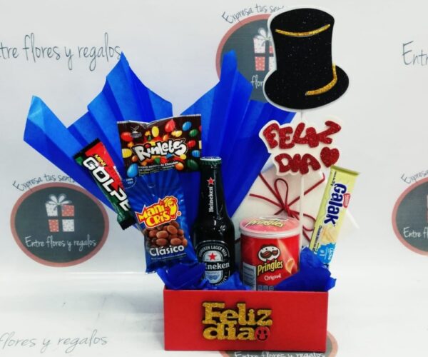 1 cerveza, papas Pringles variedad de dulces