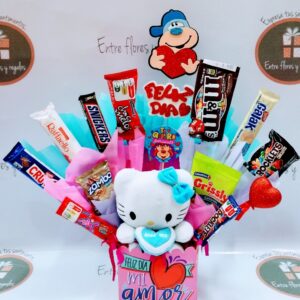 variedad de dulces, mensaje a su elección y peluche a elegir