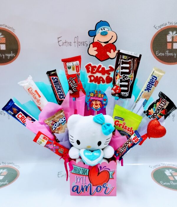 variedad de dulces, mensaje a su elección y peluche a elegir