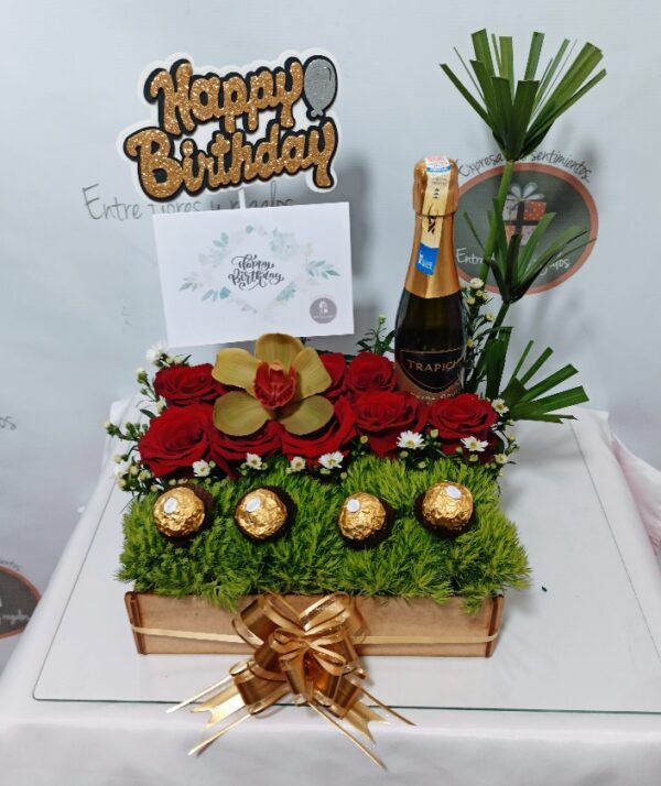 Arreglo con rosas, chocolate Ferrero, 1 orquídea y 1 vino