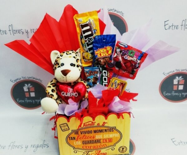 Detalle con variedad de dulces, peluche a su elección