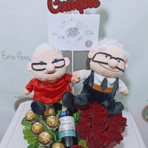 Arreglo Floral peluche y mensaje a su elección y 1 vino